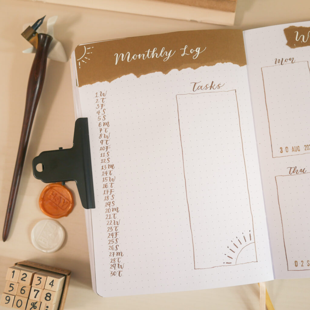 Brown & White Minimal Bullet Journal Setup - Monthly Log